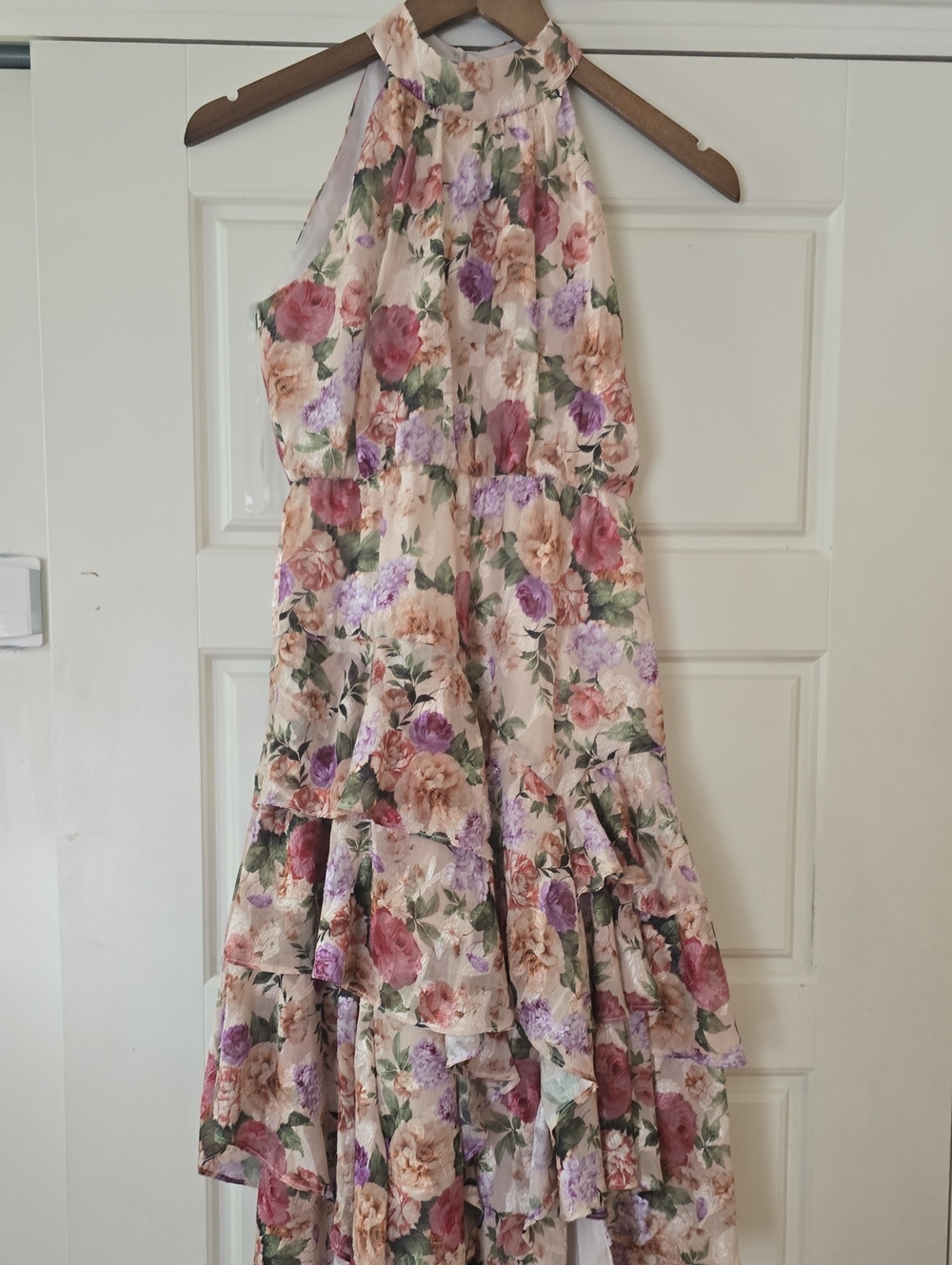 Rare Editions Floral High-Neck Tiered Dress in Pink, Purple, Green